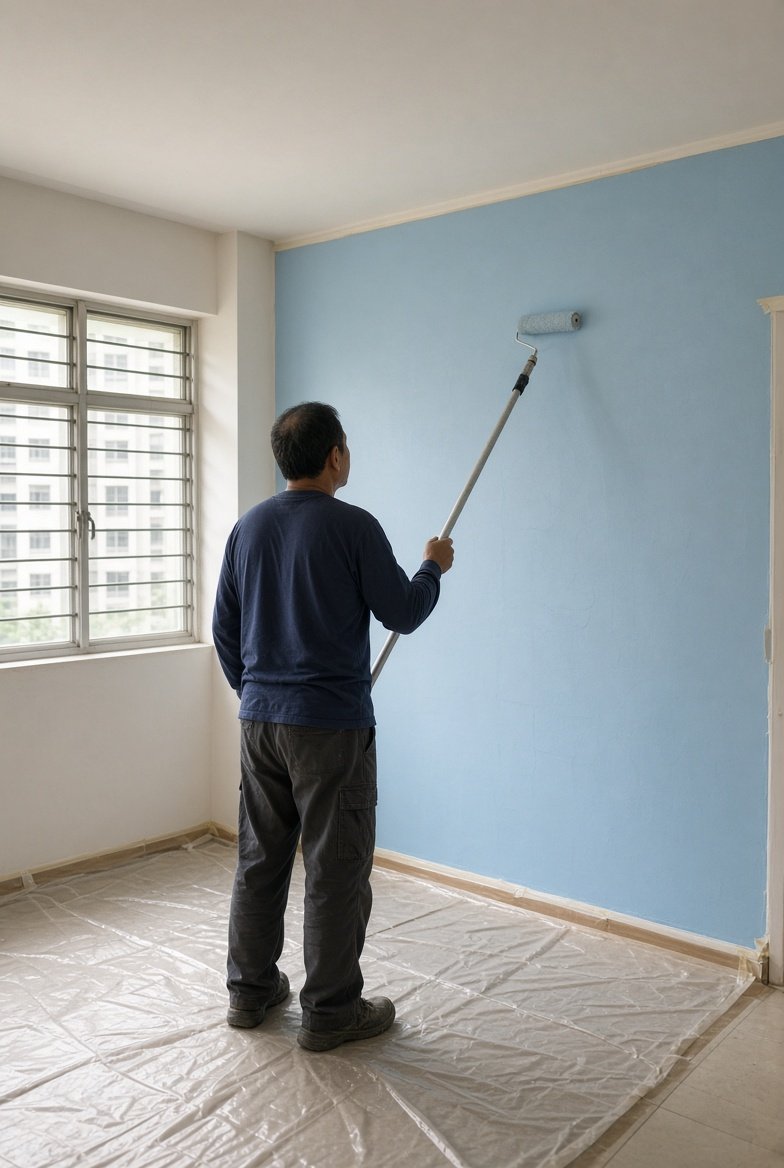 Painter rolling a fresh coat on a living room wall in Singapore